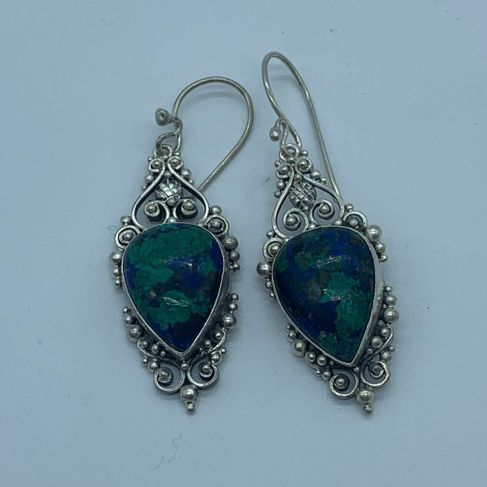Vintage Sterling Silver and Blue & Green Onyx Stone Drop Earrings